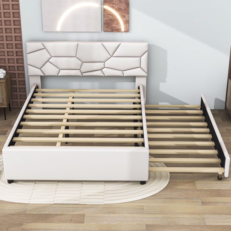 Wildo Linen Upholstered Platform Bed with Trundle And Headboard, Beige, Queen