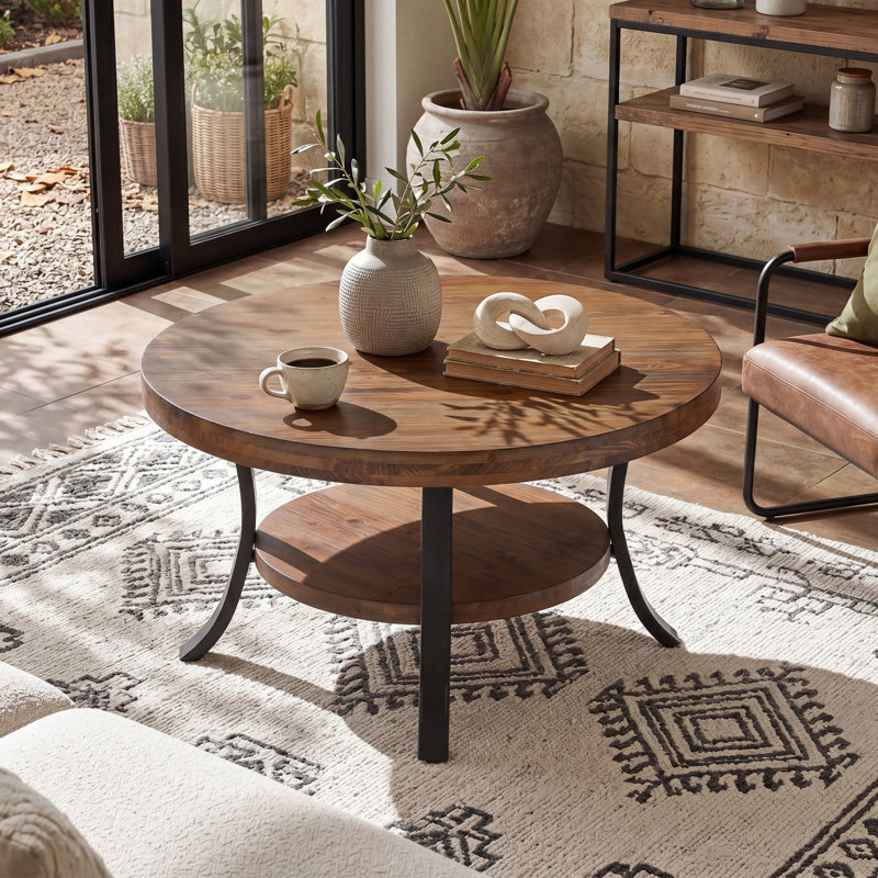 2 Tier Round Solid Wood Coffee Table With Storage, Rustic Brown