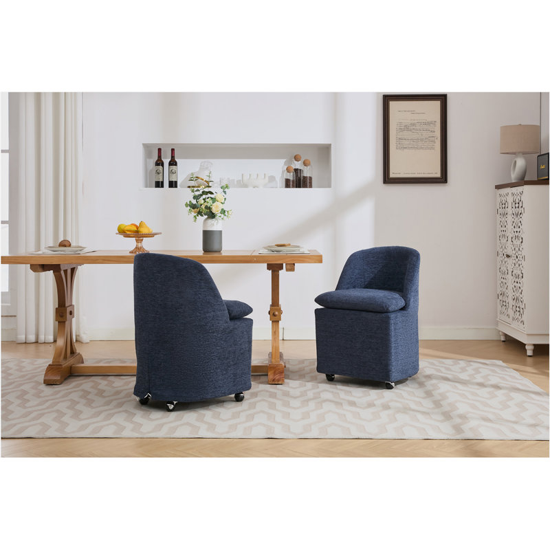 Ensemble de 2 chaises de salle à manger en chenille avec roues universelles, beige, Chenille bleu