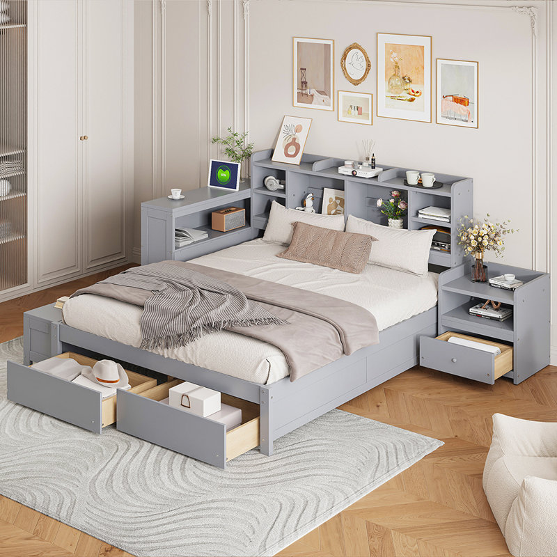Lit plateforme en bois avec table de chevet multifonctionnelle et 2 tiroirs, Gris