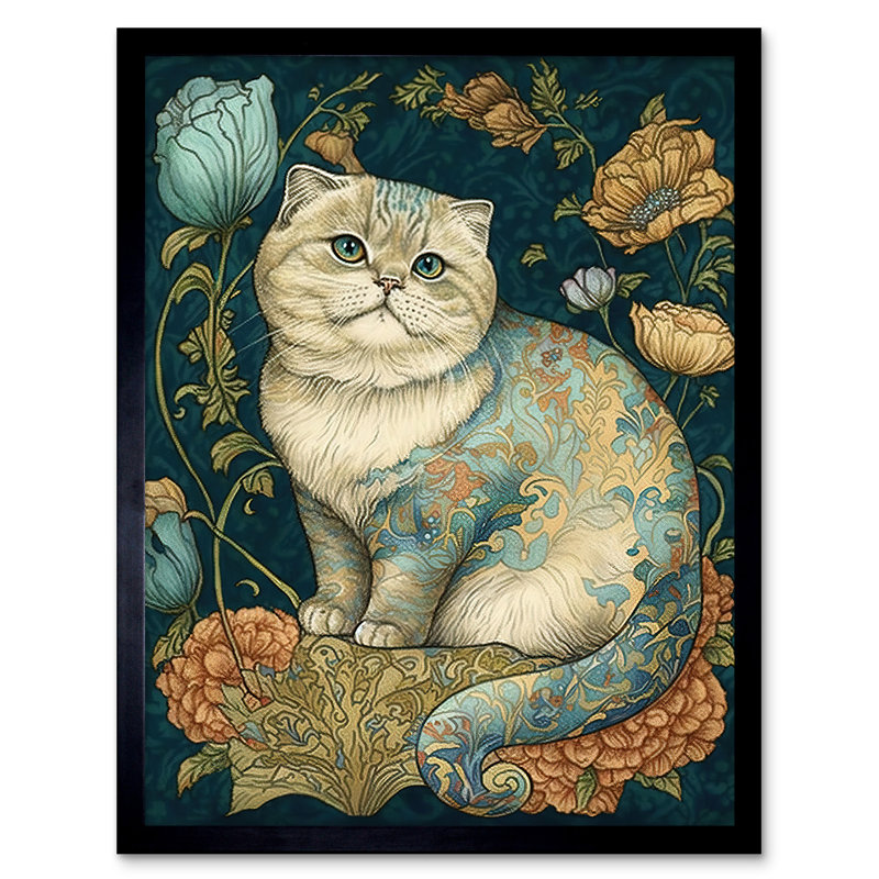 William Morris Inspired Cute Cat With Floral Pattern Fur And Flowers Colourful Modern - Single Picture Frame Print