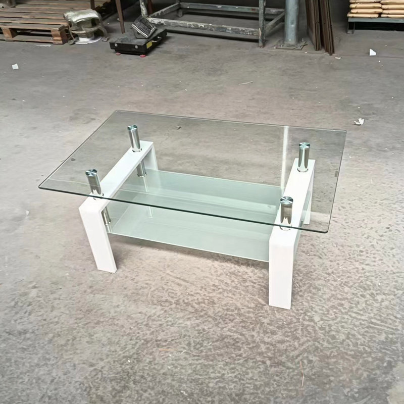 Table basse de salon en verre trempé transparent, 2 couches, Blanc