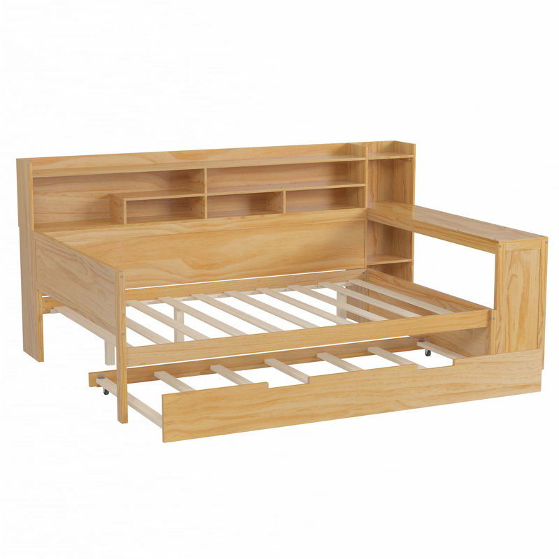 Lit de jour avec tablettes de rangement, lit multifonctionnel avec lit gigogne et bureau d'étude, Complet/Double, Naturel