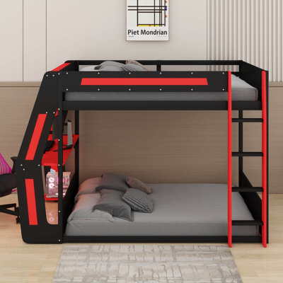Lit superposé double pleine grandeur avec bureau RVB latéral et ports de charge USB, lit superposé en bois avec bande lumineuse à DEL