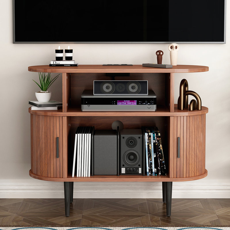 Grand support pour tourne-disque rond avec station de charge et ports USB, style Mid-Century moderne