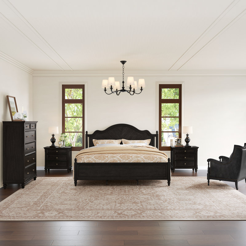 Ensemble de chambre à coucher Mid-Century, Noir rétro, 4 Pcs: Bed, Chest, 2 Nightstands, Très grand lit