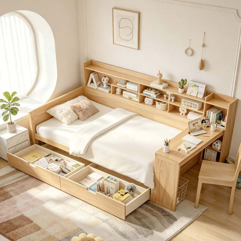 Lit de jour avec tablettes de rangement Kasten Lit multifonctionnel avec lit gigogne et bureau, Naturel, Simple