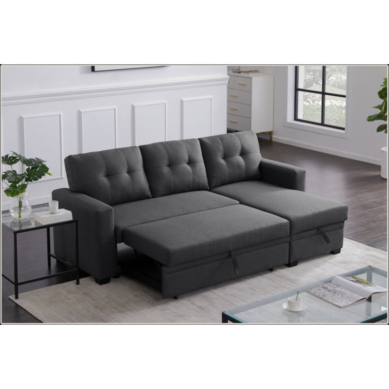 Upholstered Pull Out Sectional Sofa With Chaise, Dark Gray