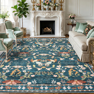 8x10 Washable Area Rug, Non-Slip Low Pile Rug with Butterfly Floral, Stain Resistance Carpet for Living Room, Bedroom, Dining Room, Dark Green