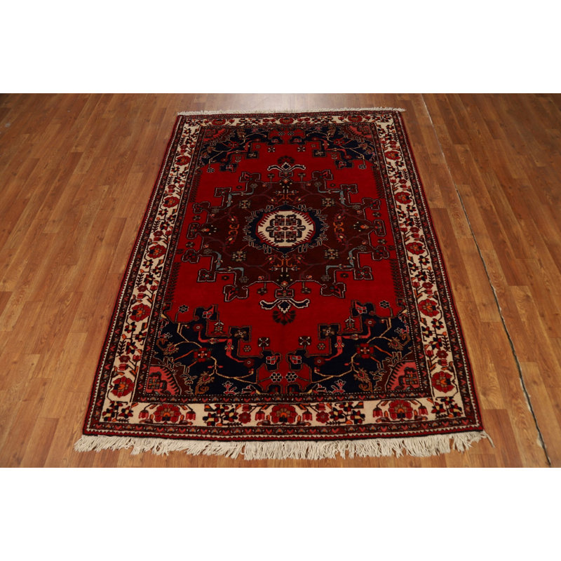 Tapis rouge en laine à motif géométrique 5 x 6