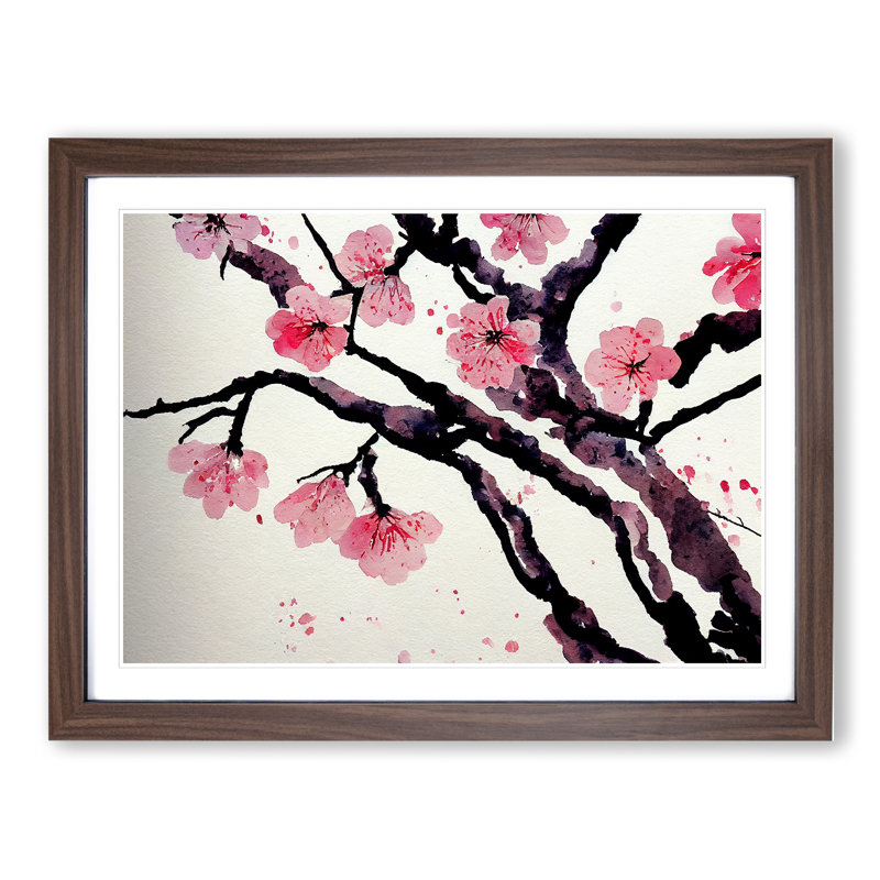 Cherry Blossom Flower Watercolour Vol.1 1 Piece Single Picture Frame Painting, 34cm H x 46cm W x 2cm D, Walnut