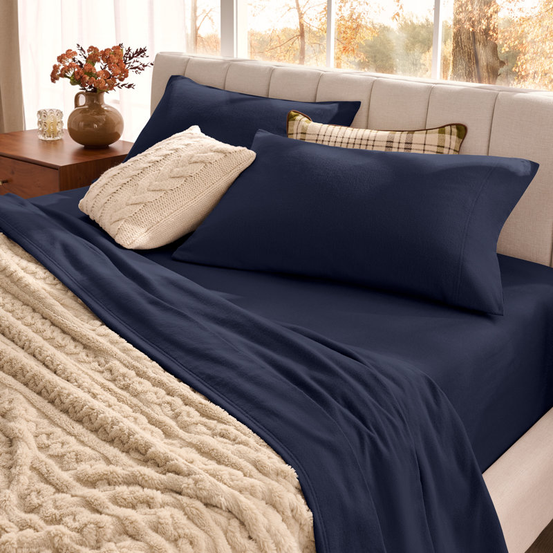 Organic 100% Cotton Flannel Sheet Set, Full Sheet Set with 2 Pillowcases, Midnight Blue