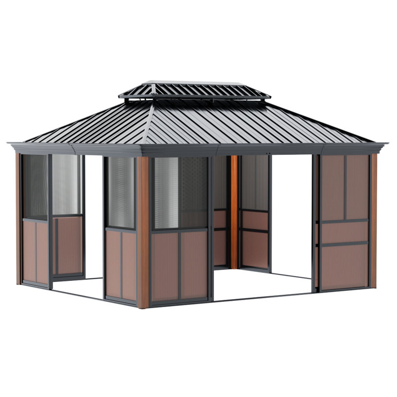 12' X 14' Sunroom, Gazebo With Slide Doors & Mesh, Wood Grain Appearance Solarium For Backyard Patio, 168" W x 144" D
