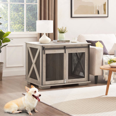 Mobilier de cage pour chien de ferme avec porte de grange coulissante, table de bout de chenil en bois pour ferme avec plaque rabattable pour chien avec cloison amovible pour petit / moyen / grand chien
