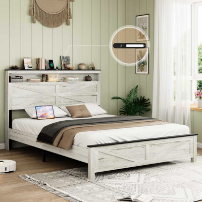 Full - Size Bedroom Bed Frame With Led Lights And Charging Function, Antique White Gray Classic Style, No Box Spring Necessary, Headboard Hidden Storage, Metal Wood Materials, Fast Simple Setup + For
