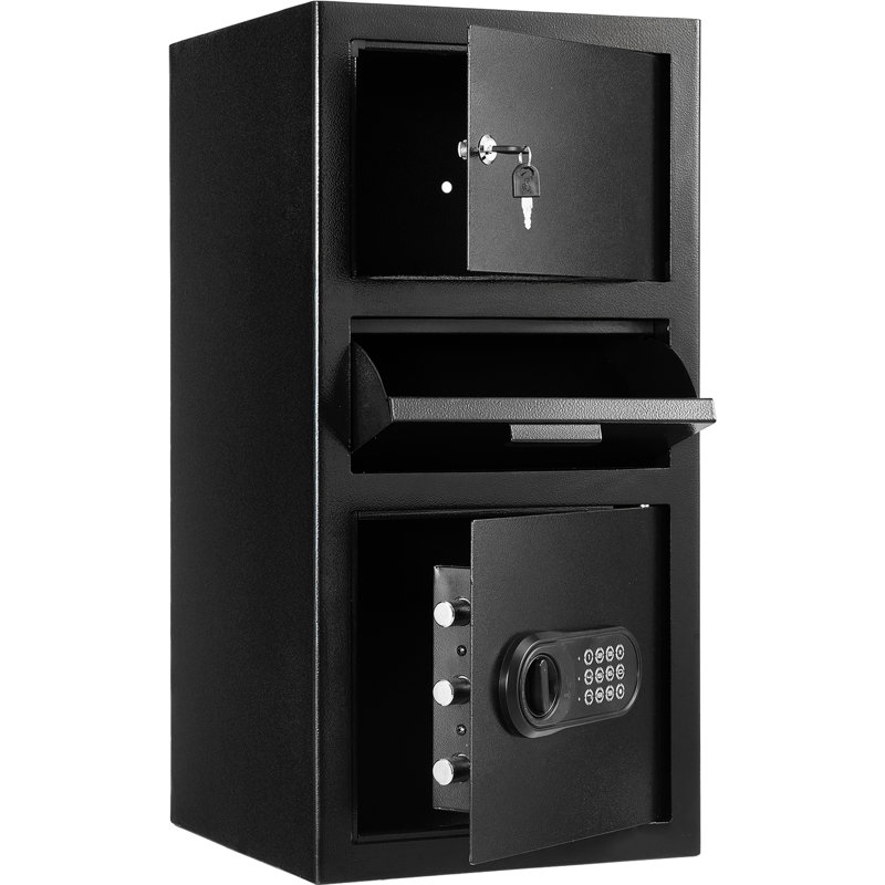 Coffre-fort noir de 3,6 pi³ avec façade et clavier numérique, idéal pour ranger l'argent et les documents à domicile. Conception à fentes amovibles, grande capacité, sécurité renforcée.