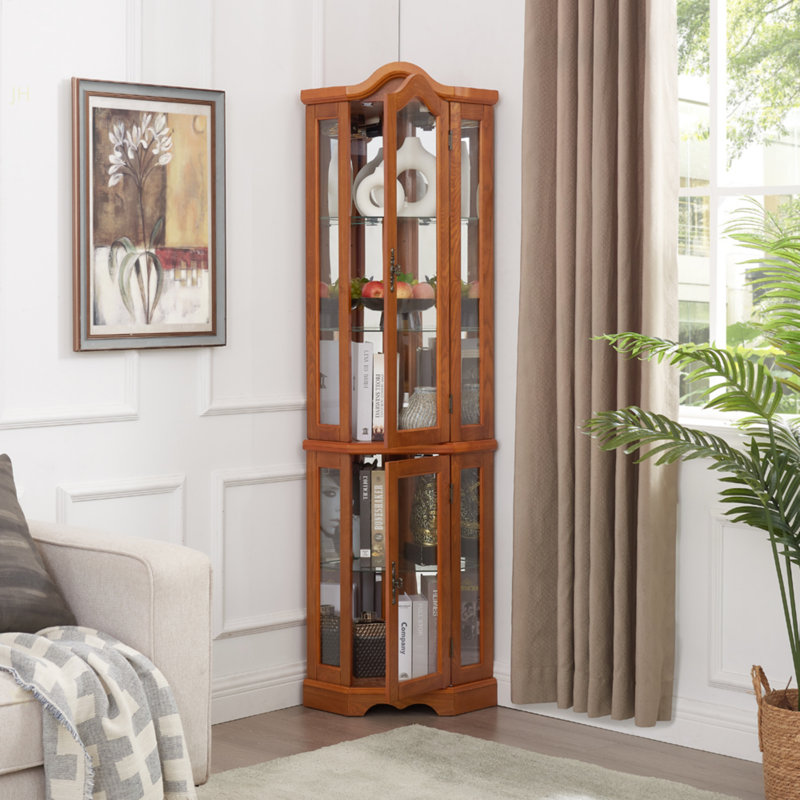 Vitrine lumineuse vitrée avec portes et tablettes en verre trempé, armoire de coin avec ampoule, décoration de rangement en coin pour le salon et la chambre à coucher