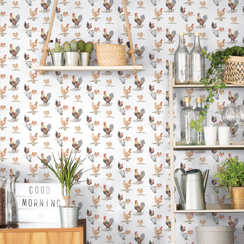 Just Kitchens Free Range Chickens 33' L x 21" W Wallpaper Roll, Black/Red/Beige
