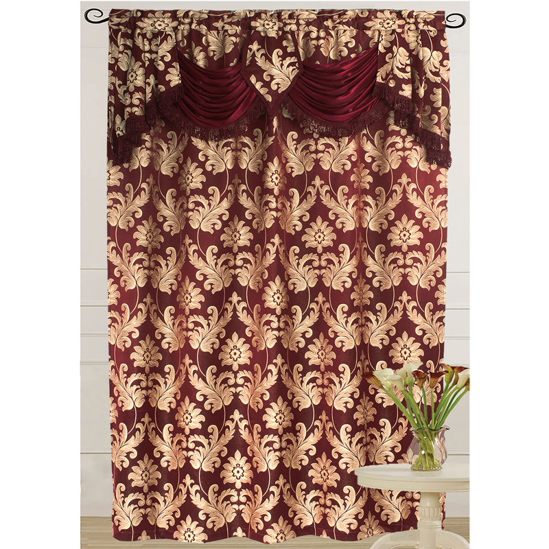 Luxury Jacquard Curtain single Panel with Attached Valance, 54 by 84-Inch Earlesha, Burgundy