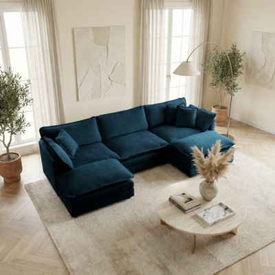 Canapé modulaire rembourré 3 places avec 2 repose-pieds et coussins décoratifs Modern Blue Chenille