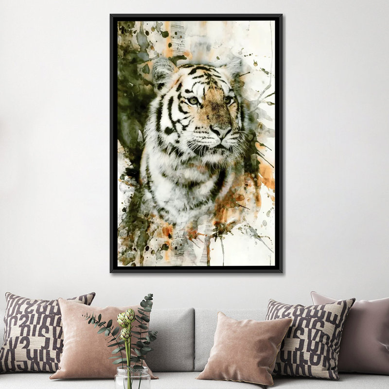" Tiger I " by Riza Peker, 26" H x 18" W x 1.5" D, Black Floater Framed Canvas, No Mat