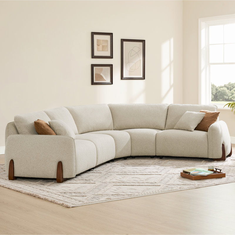  Upholstered Modern Modular Curved Corner Sectional Sofa With Solid Wood Legs, Sand Polyester, 34.6" H x 167.3" W x 107.9" D