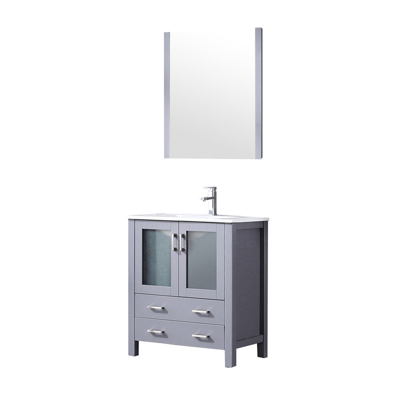 30 po De salle de bain gris foncé avec comptoir en céramique blanc 18,25 po, robinet et miroir 28 po - profondeur de comptoir Scratch & Stain, surface, robinet monotrou, mur