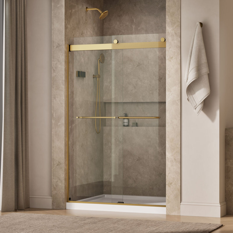 Levity 47.63" x 74" Bypass Shower Door with CleanCoat Technology, Moderne Brass, Crystal Clear