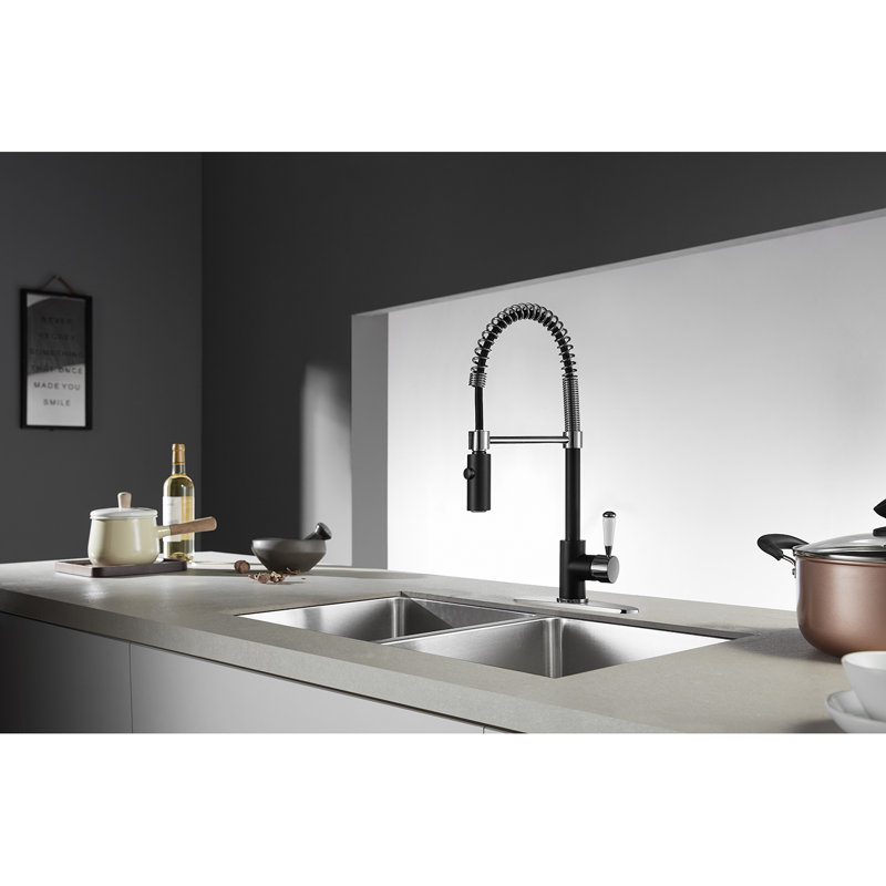 Kingston Brass Paris Single-Handle 1-Hole Deck Mount Pre-Rinse Kitchen Faucet, Matte Black/Polished Chrome