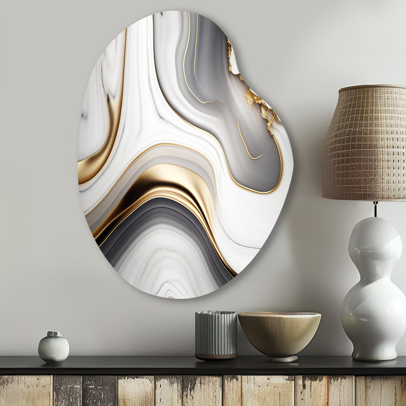 Abstrait géométrique en marbre gris vagues I - impression abstraite asymétrique sur métal, décoration murale moderne de forme irrégulière en métal