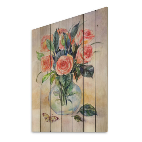 Winston Porter Vintage Bouquet Of Pink Roses On Wood Painting | Wayfair