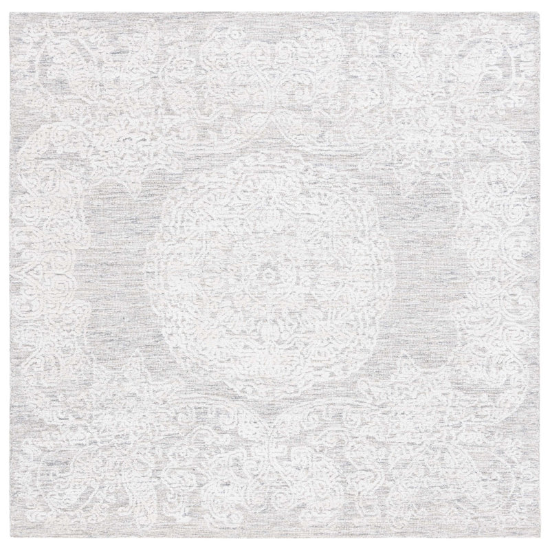 Tapis floral ivoire / beige en coton / laine / coton touffeté à la main Bathulda, Carré 6 pi