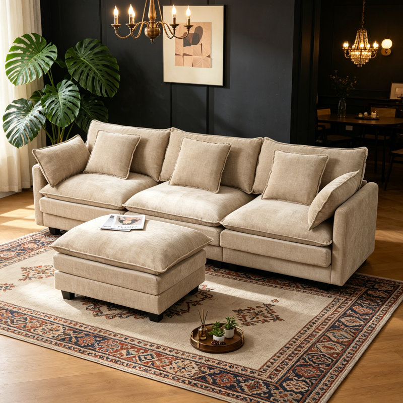 Coffee Color  3-Seat Combo Sofa With Storage Ottoman For Living Room Apartment Bedroom And Compact Room, Upholstered Sectional Couch, L Shaped Bench With A Footrestco
