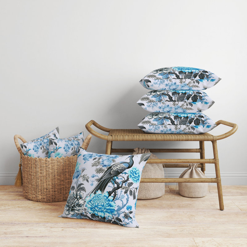 Blue and Gray Peacock Floral 16'' Square Indoor/Outdoor Pillow