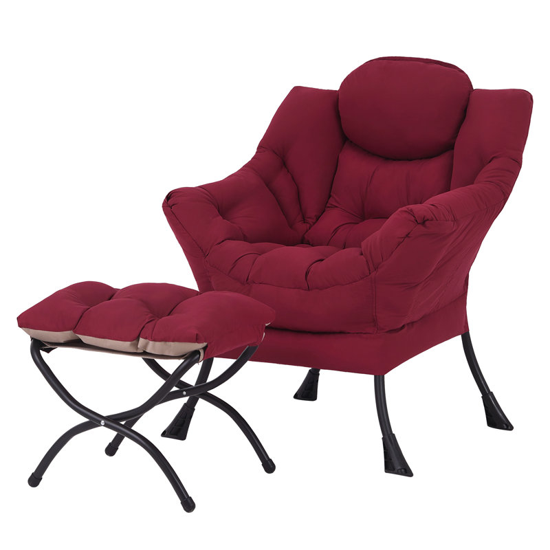 Burgundy Velvet Accent Chair with Ottoman and Metal Frame