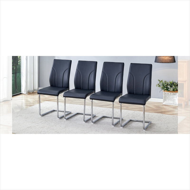 4-Piece Side Chair Set With Jet Black Faux Leather Upholstery and Metal Legs for Dining Room