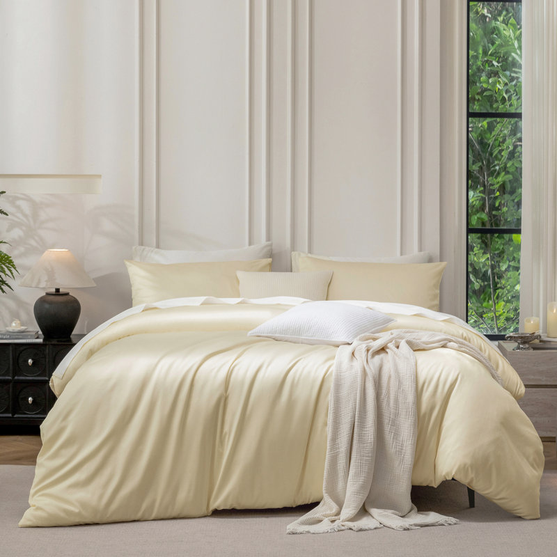 Ensemble de housse de couette MooMee, Housse de couette pour très grand lit et 2 taies, Jaune beurre