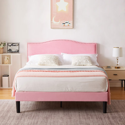 Auxter Full Size Upholstered Bed Frame with Adjustable Rivet Decor Headboard, Full Pink Velvet Platform Bed with Wooden Slats Support, No Box Spring Needed, Easy Assembly