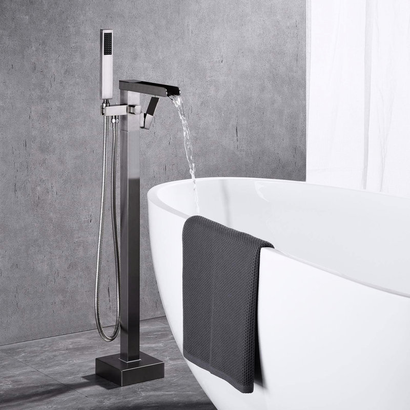 Robinet de salle de bain moderne avec robinet de baignoire en cascade et douche à main - Fixation au sol en nickel brossé, anti-rouille résistant à la corrosion