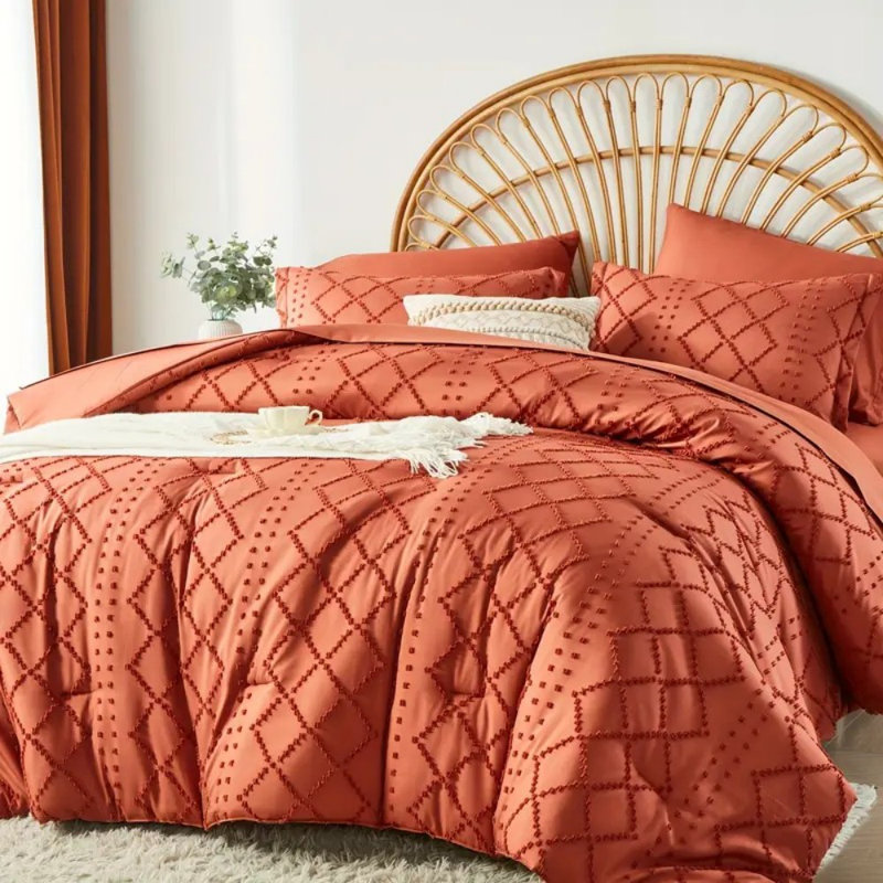 Ensemble d'édredon et de draps 7 pièces Boho Diamond Stripe, doux, léger, respirant et hypoallergénique, Rouge-orange