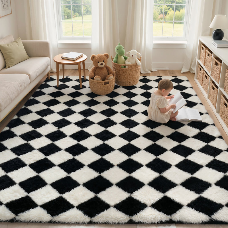Modern Black/White Machine-Washable Checkered Shag Area Rug, Rectangle 5' x 7', Black