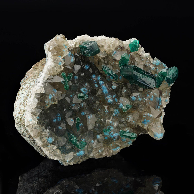 Dioptase With Plancheite on Calcite II