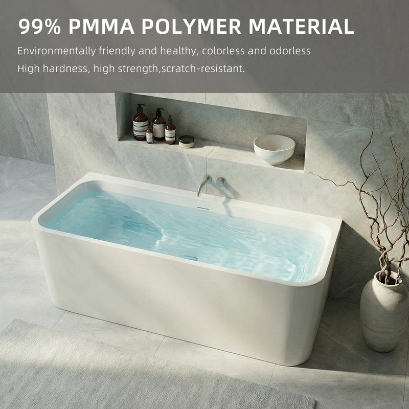 63" Rectangular Back To Wall Freestanding Soaking Solid Surface Bathtub, Matte White Stone Resin Bath Tub With Overflow & Pop-up Drain For Bathroom