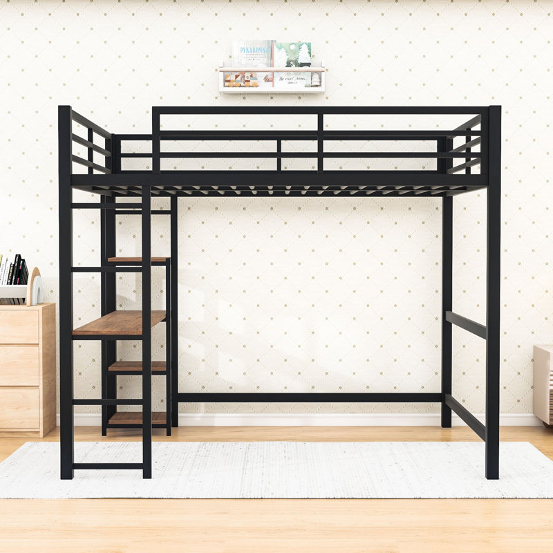 Lit mezzanine double avec bureau d'étude et tablettes de rangement