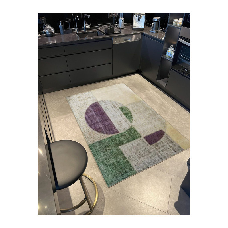Tapis décoratif géométrique abstrait vert et mauve lavable à la machine, Carré 3 pi 3 po