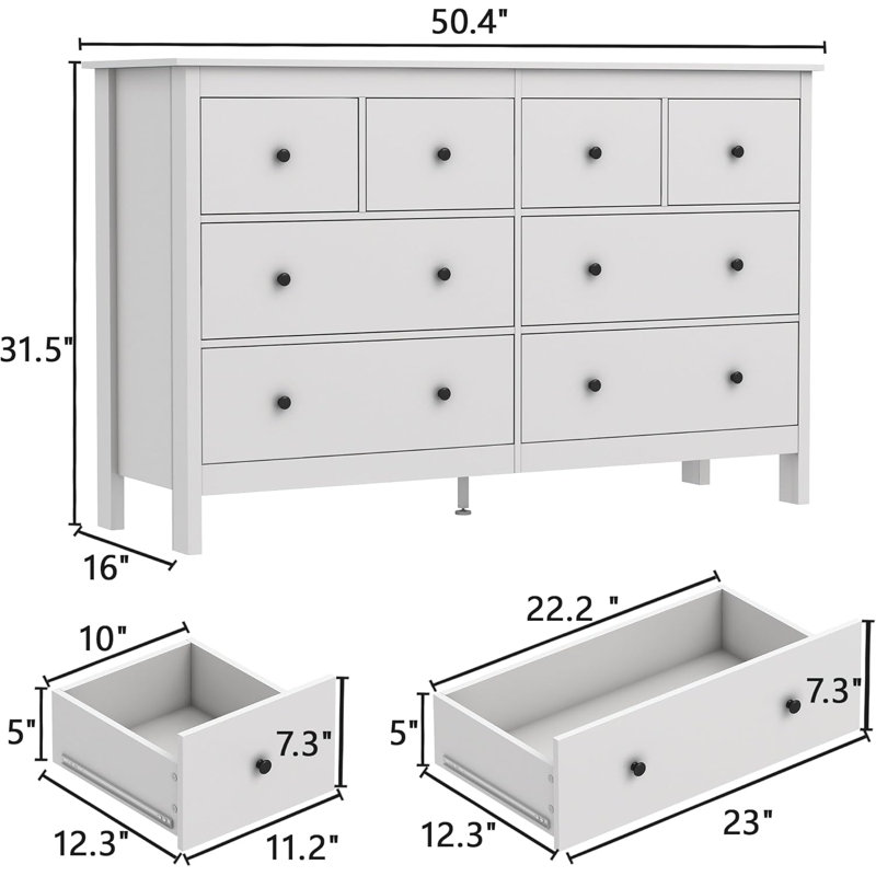 Modern White 50" 8-Drawer Bedroom Dresser
