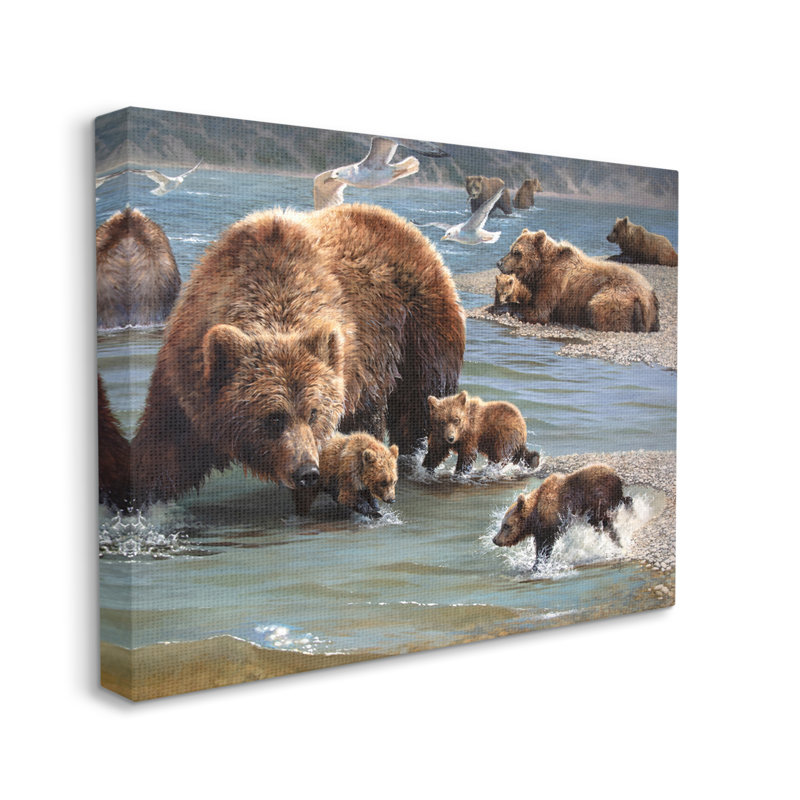 «Grizzly Bear Family pêche sur toile», H 16 po x l 20 po x P 1,5 po