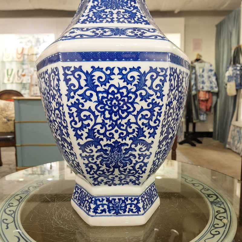 Hex Blue and White Filigree Vase