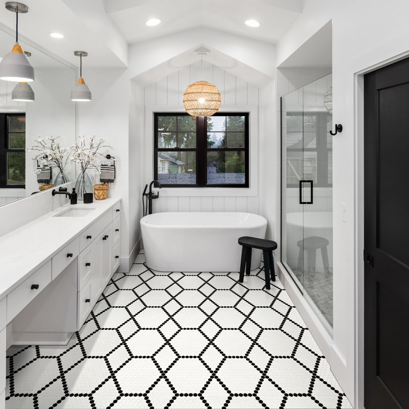 Hive 12 in. x 12 in. Matte Porcelain Mosaic Floor and Wall Tile, Black and White