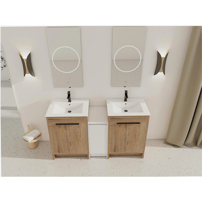 Armoire de salle de bain indépendante avec lavabo en céramique et armoire de rangement, porte à fermeture en douceur